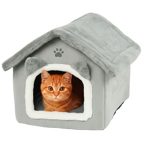 Domek Legowisko Dla Kota Purlov Pluszowa Budka Posłanie z Poduszką Szary