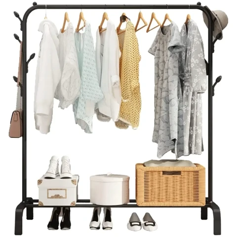 WIESZAK PODŁOGOWY STOJAK NA UBRANIA BUTY STOJĄCY GARDEROBA CZARNY MOCNY