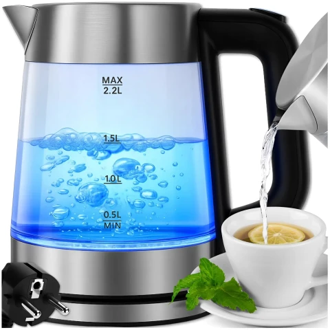 CZAJNIK ELEKTRYCZNY SZKLANY BEZPRZEWODOWY STALOWY 2,2L POJEMNY 2000W