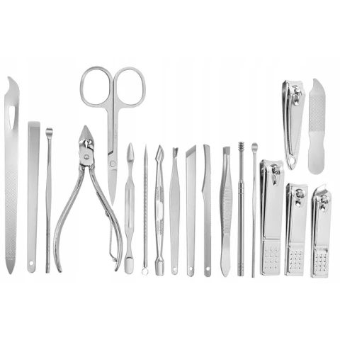 ZESTAW DO MANICURE PAZNOKCI PEDICURE 20 EL ETUI PRZYBRONIK CĄŻKI NOŻYCZKI Liczba elementów w zestawie: 20