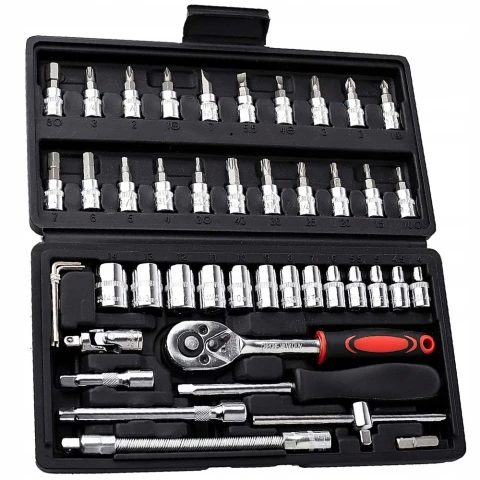 ZESTAW KLUCZY NASADOWYCH BITÓW GRZECHOTKA ADAPTERY KLUCZE NASADOWE 46szt, Waga produktu z opakowaniem jednostkowym 0.57 kg