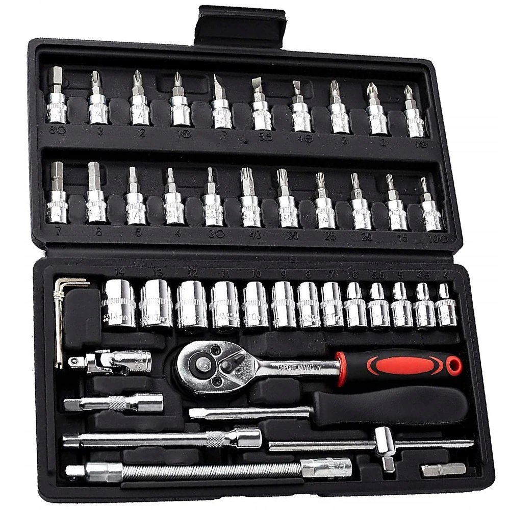 ZESTAW KLUCZY NASADOWYCH BITÓW GRZECHOTKA ADAPTERY KLUCZE NASADOWE 46szt, Waga produktu z opakowaniem jednostkowym 0.57 kg