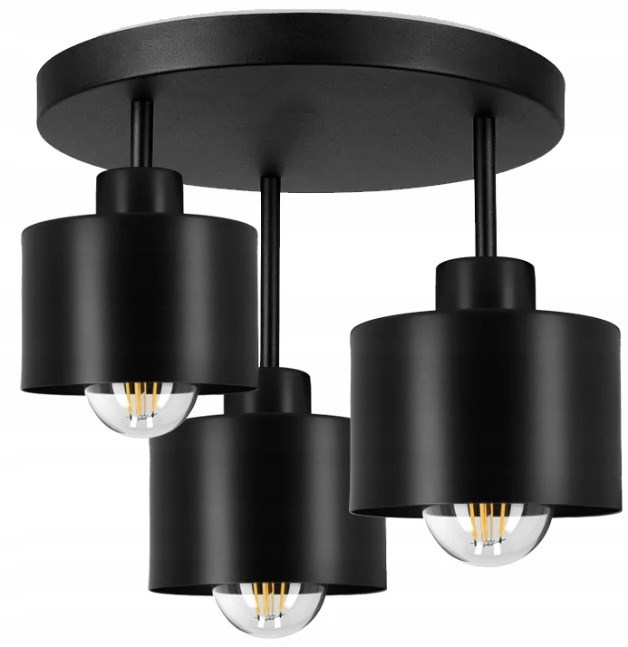 Lampa Sufitowa Natynkowa Żyrandol LED 3x E27 Plafon Tuba Klosz Metal Zwis, Kolor czarny
