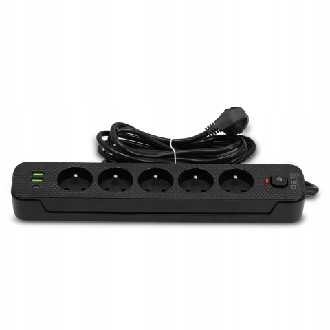 Przedłużacz Listwa Zasilająca Sieciowa 5 Gniazd 230V 3M 3x USB Ładowarka, Uziemienie Z uziemieniem