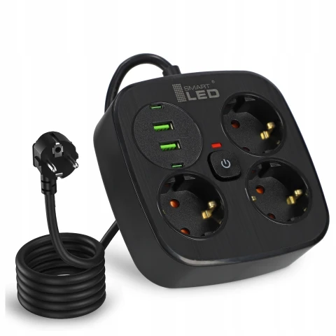 Przedłużacz Listwa Zasilająca Rozdzielacz Rozgałęźnik 3 Gniazda 230V 4x USB