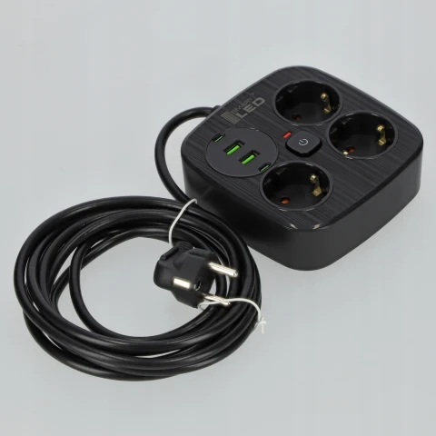 Przedłużacz Listwa Zasilająca Rozdzielacz Rozgałęźnik 3 Gniazda 230V 4x USB, Kolor czarny