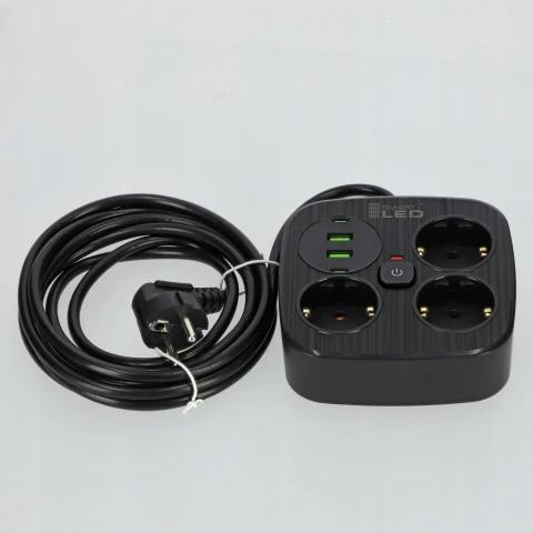 Przedłużacz Listwa Zasilająca Rozdzielacz Rozgałęźnik 3 Gniazda 230V 4x USB, Długość kabla 3 m