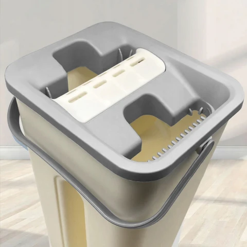 MOP Z WIADREM PŁASKI DWUKOMOROWY Z WYCISKACZEM WIADRO OBROTOWY DO PODŁÓG, Kolor beżowy