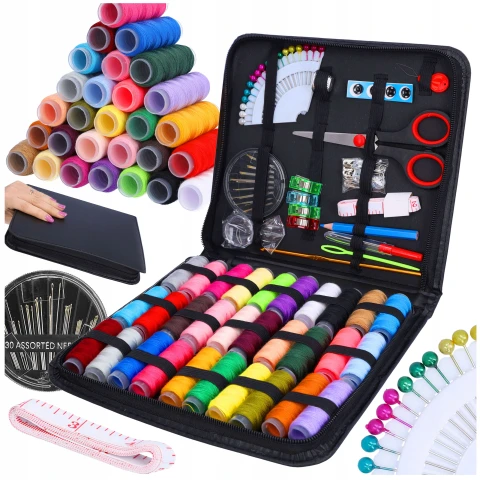 ZESTAW DO SZYCIA przybornik krawiecki nici igły nożyczki centymetr 112 el.