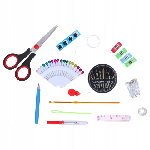 ZESTAW DO SZYCIA przybornik krawiecki nici igły nożyczki centymetr 112 el. Waga produktu z opakowaniem jednostkowym: 0.34 kg
