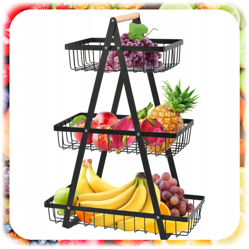 KOSZ NA OWOCE WARZYWA 3-PIĘTROWY 3x KOSZYK STOJAK ORGANIZER METALOWY CZARNY, Szerokość (krótszy bok) 17 cm