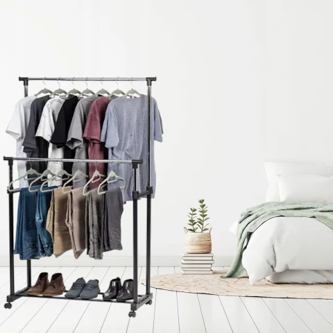 WIESZAK PODWÓJNY STOJĄCY NA KÓŁKACH UBRANIA STOJAK DO GARDEROBY METALOWY XL, Liczba sztuk 1 szt.