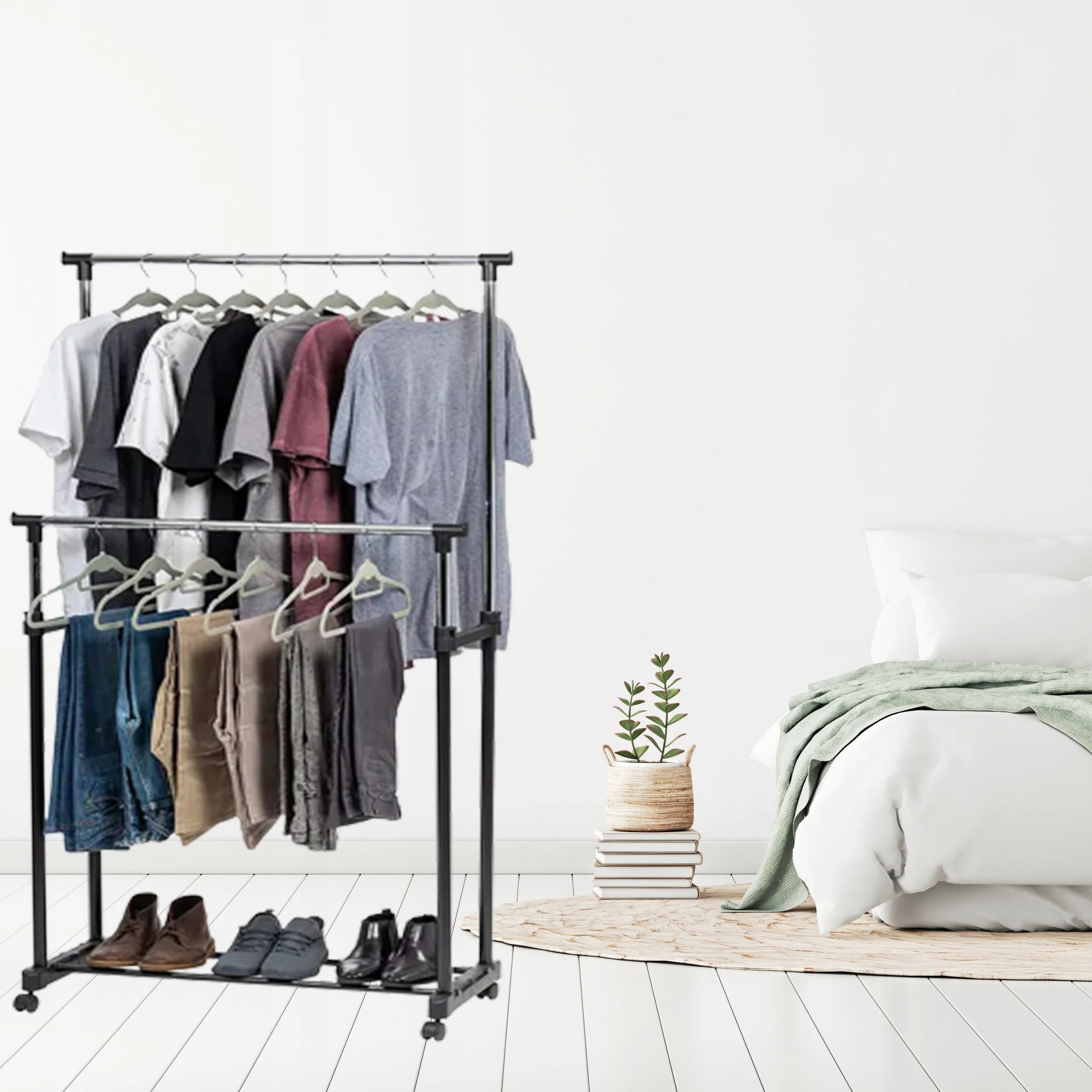 WIESZAK PODWÓJNY STOJĄCY NA KÓŁKACH UBRANIA STOJAK DO GARDEROBY METALOWY XL, Liczba sztuk 1 szt.