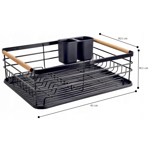 SUSZARKA DO NACZYŃ CZARNA OCIEKACZ NA TALERZE SZTUĆCE METAL DREWNO XXL, Wysokość produktu 14 cm
