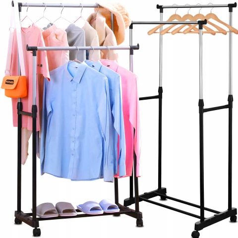 WIESZAK PODWÓJNY STOJĄCY NA KÓŁKACH UBRANIA STOJAK DO GARDEROBY METALOWY XL