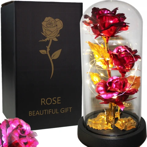 WIECZNA RÓŻA W SZKLE LED ŚWIECĄCA WALENTYNKI PUDEŁKO PREZENT DZIEŃ KOBIET