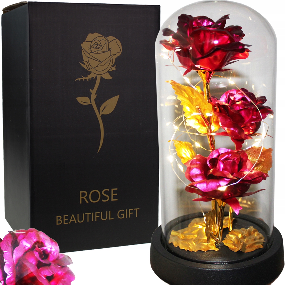 WIECZNA RÓŻA W SZKLE LED ŚWIECĄCA WALENTYNKI PUDEŁKO PREZENT DZIEŃ KOBIET