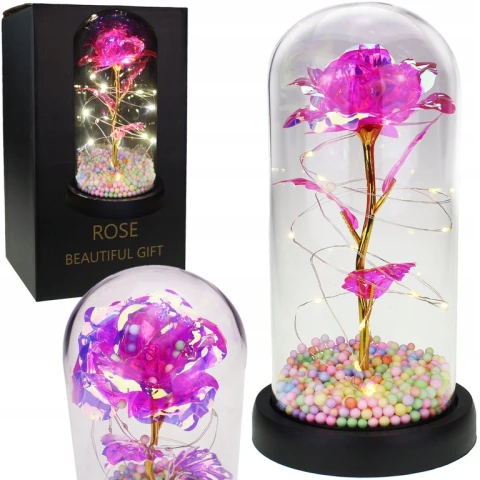 WIECZNA RÓŻA W SZKLE LED ŚWIECĄCA WALENTYNKI PUDEŁKO PREZENT DZIEŃ KOBIET
