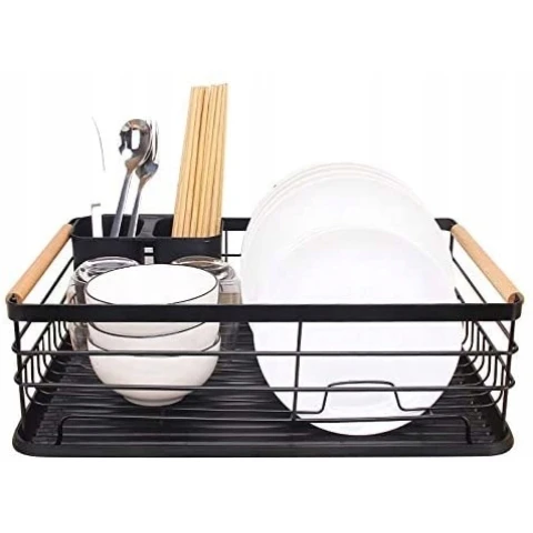 SUSZARKA DO NACZYŃ CZARNA OCIEKACZ NA TALERZE SZTUĆCE METAL DREWNO XXL, Waga produktu z opakowaniem jednostkowym 3 kg