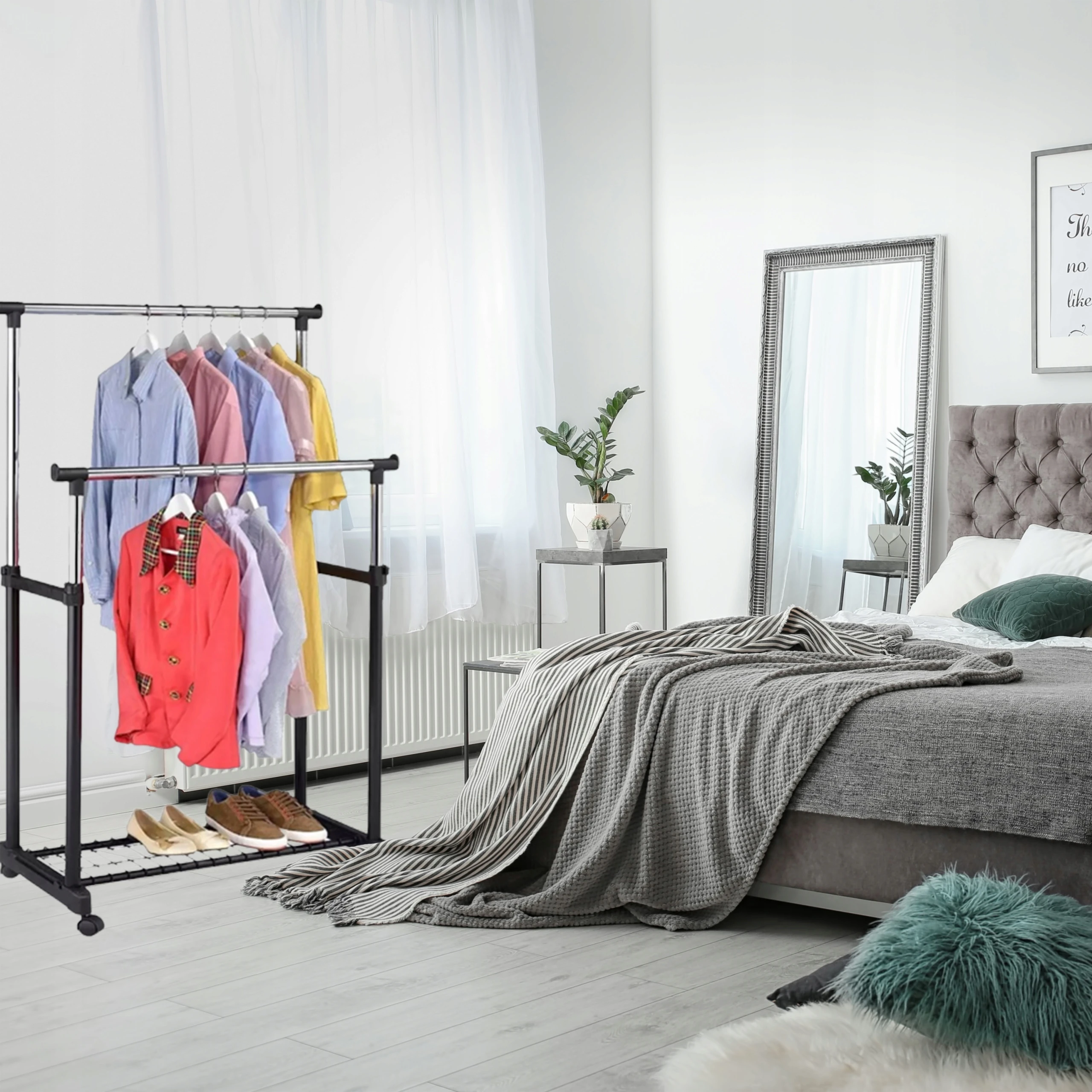 WIESZAK PODWÓJNY STOJĄCY NA KÓŁKACH UBRANIA STOJAK DO GARDEROBY METALOWY XL, Wysokość mebla 140 cm