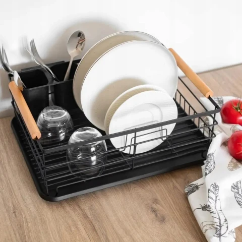 SUSZARKA DO NACZYŃ CZARNA OCIEKACZ NA TALERZE SZTUĆCE METAL DREWNO XXL, Szerokość produktu 32 cm