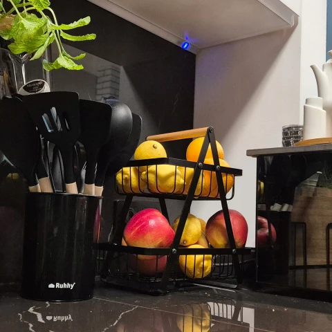 Kosz na Owoce Koszyk Czarny Metalowy i Warzywa 2 Piętrowy Loft Dwupoziomowy, Długość (dłuższy bok) 27 cm