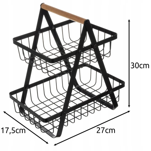 Kosz na Owoce Koszyk Czarny Metalowy i Warzywa 2 Piętrowy Loft Dwupoziomowy, Wysokość produktu 30 cm