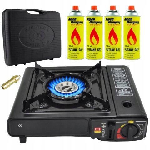 KUCHENKA GAZOWA TURYSTYCZNA PRZENOŚNA 2w1 + 4x GAZ WALIZKA ADAPTER NA BUTLE