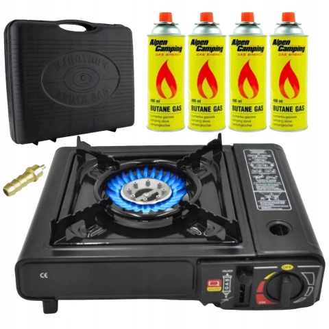 KUCHENKA GAZOWA TURYSTYCZNA PRZENOŚNA 2w1 + 4x GAZ WALIZKA ADAPTER NA BUTLE