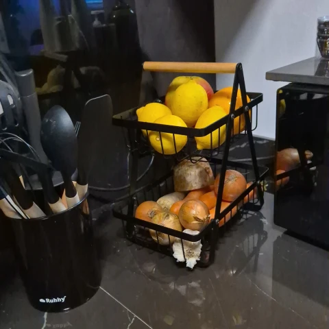 Kosz na Owoce Koszyk Czarny Metalowy i Warzywa 2 Piętrowy Loft Dwupoziomowy, Szerokość (krótszy bok) 17.5 cm