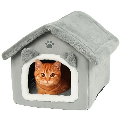 Domek Legowisko Dla Kota Purlov Pluszowa Budka Posłanie z Poduszką Szary
