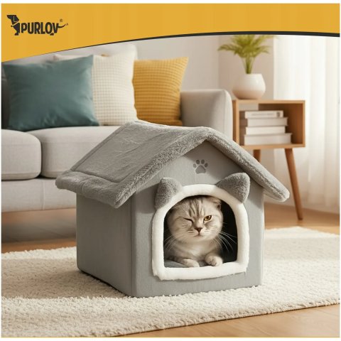 Domek Legowisko Dla Kota Purlov Pluszowa Budka Posłanie z Poduszką Szary Szerokość produktu: 35.5 cm