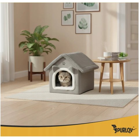 Domek Legowisko Dla Kota Purlov Pluszowa Budka Posłanie z Poduszką Szary Wysokość produktu: 40 cm