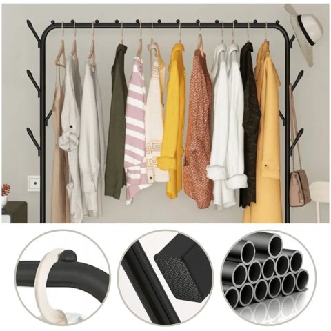 WIESZAK PODŁOGOWY STOJAK NA UBRANIA BUTY STOJĄCY GARDEROBA CZARNY MOCNY Kolor mebla: czarny