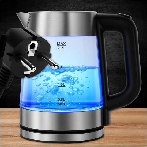 CZAJNIK ELEKTRYCZNY SZKLANY BEZPRZEWODOWY STALOWY 2,2L POJEMNY 2000W