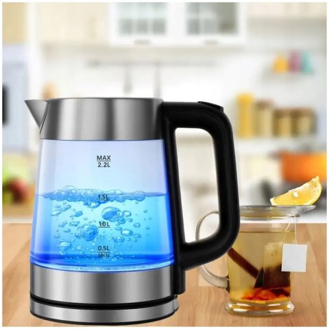 CZAJNIK ELEKTRYCZNY SZKLANY BEZPRZEWODOWY STALOWY 2,2L POJEMNY 2000W