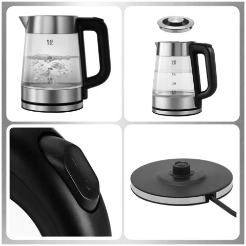 CZAJNIK ELEKTRYCZNY SZKLANY BEZPRZEWODOWY STALOWY 2,2L POJEMNY 2000W