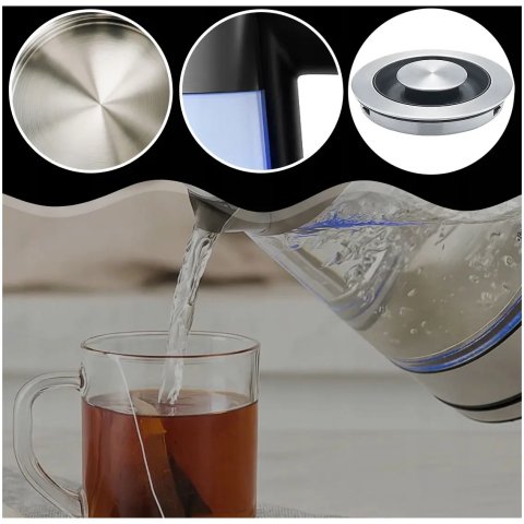 CZAJNIK ELEKTRYCZNY SZKLANY BEZPRZEWODOWY STALOWY 2,2L POJEMNY 2000W