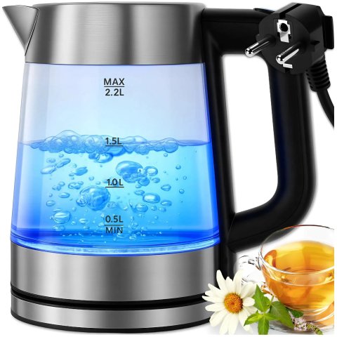 CZAJNIK ELEKTRYCZNY SZKLANY BEZPRZEWODOWY STALOWY 2,2L POJEMNY 2000W EAN (GTIN): 5906186338669