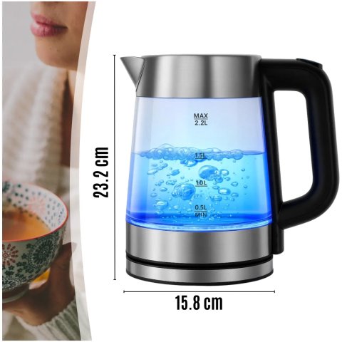 CZAJNIK ELEKTRYCZNY SZKLANY BEZPRZEWODOWY STALOWY 2,2L POJEMNY 2000W Model: CZAJNIK SZKŁO BOROKRZEMOWE OBROTOWA BAZA