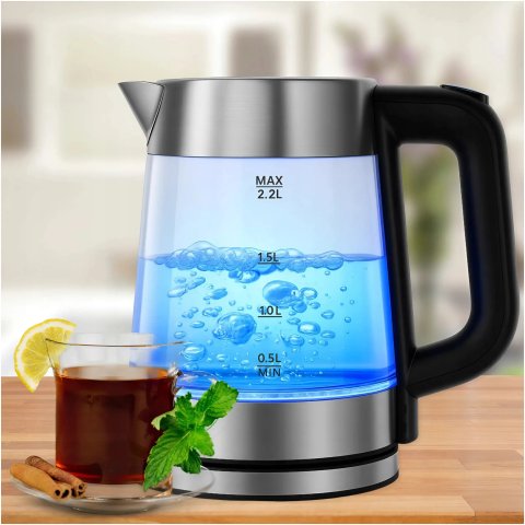 CZAJNIK ELEKTRYCZNY SZKLANY BEZPRZEWODOWY STALOWY 2,2L POJEMNY 2000W Kolor dominujący: bezbarwny