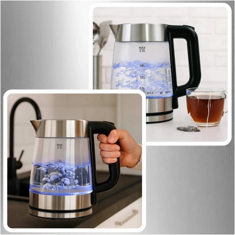 CZAJNIK ELEKTRYCZNY SZKLANY BEZPRZEWODOWY STALOWY 2,2L POJEMNY 2000W Materiał: metal, szkło, tworzywo sztuczne