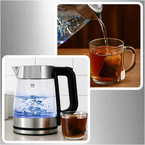 CZAJNIK ELEKTRYCZNY SZKLANY BEZPRZEWODOWY STALOWY 2,2L POJEMNY 2000W Moc: 2000 W