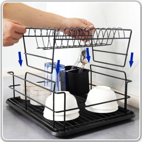 SUSZARKA DO NACZYŃ DWUPOZIOMOWA OCIEKACZ TALERZE + POJEMNIK NA SZCZTUĆCE, Wysokość produktu 27.5 cm