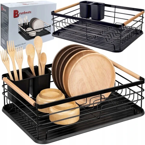 SUSZARKA DO NACZYŃ CZARNA OCIEKACZ NA TALERZE SZTUĆCE METAL DREWNO XXL, Rodzaj ociekacz (suszarka)