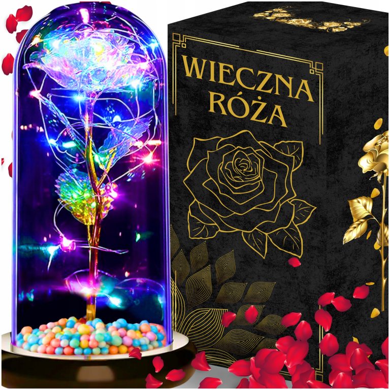WIECZNA RÓŻA W SZKLE ŚWIECĄCA LED PREZENT NA WALENTYNKI DZIEŃ KOBIET MAMY