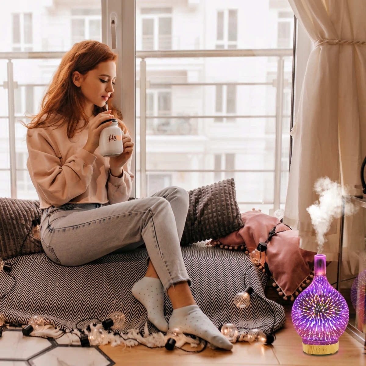 NAWILŻACZ POWIETRZA DYFUZOR ZAPACHOWY AROMATERAPIA JONIZATOR LAMPKA NOCNA, Głębokość produktu 13 cm