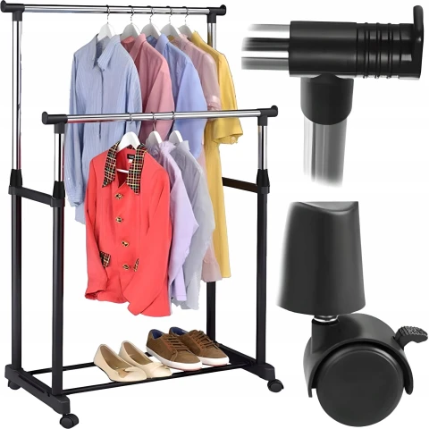 WIESZAK PODWÓJNY STOJĄCY NA KÓŁKACH UBRANIA STOJAK DO GARDEROBY METALOWY XL, Kolor haczyków czarny