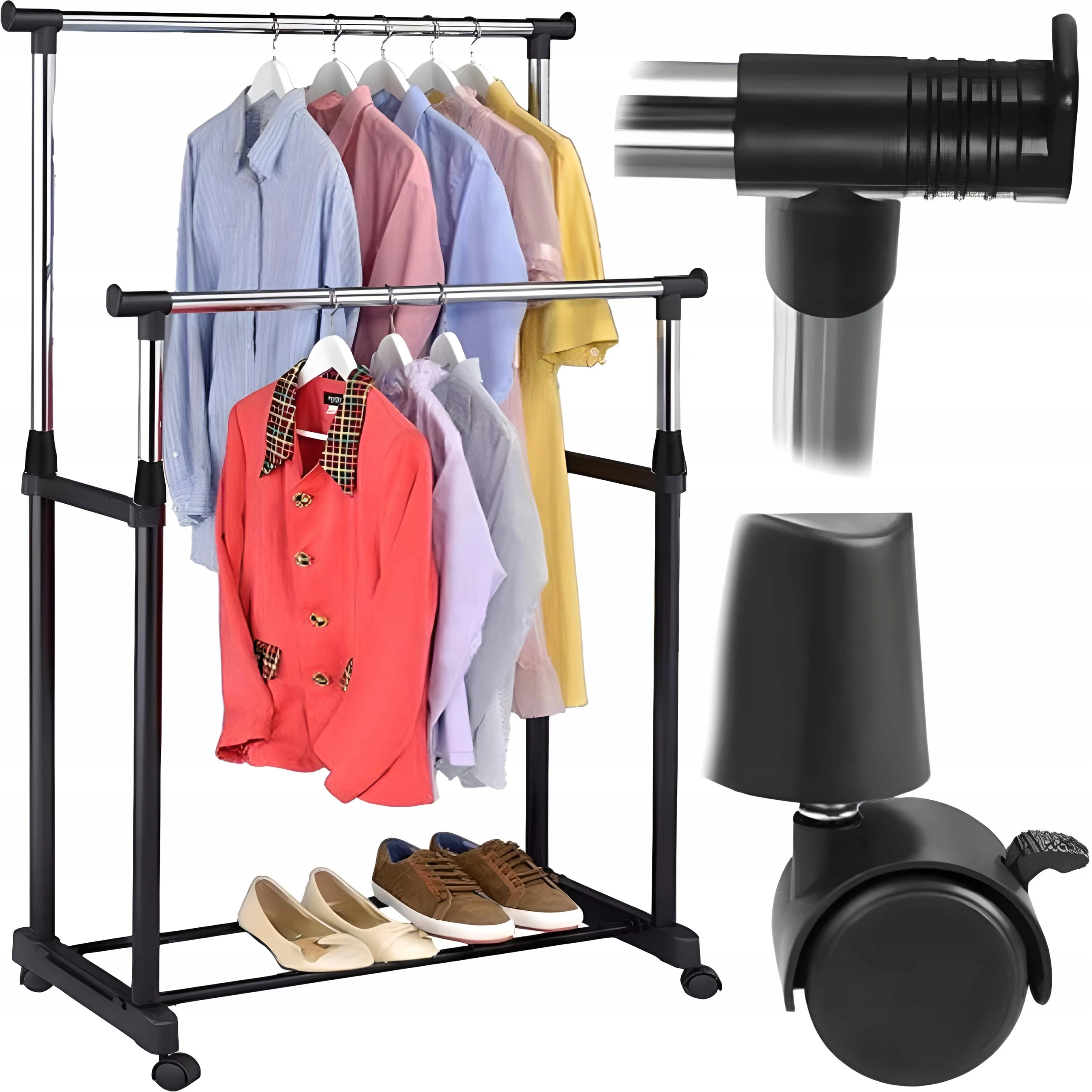 WIESZAK PODWÓJNY STOJĄCY NA KÓŁKACH UBRANIA STOJAK DO GARDEROBY METALOWY XL, Kolor haczyków czarny