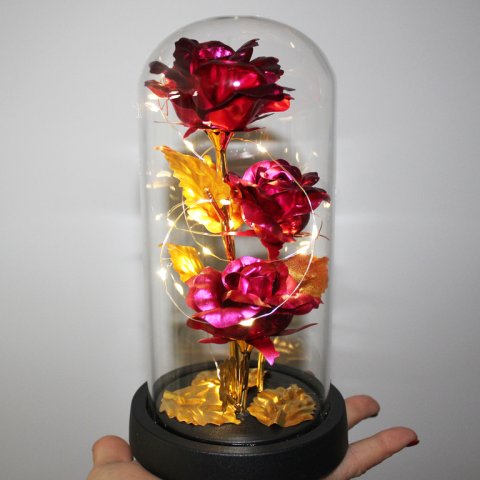 WIECZNA RÓŻA W SZKLE LED ŚWIECĄCA WALENTYNKI PUDEŁKO PREZENT DZIEŃ KOBIET, Wysokość 21 cm